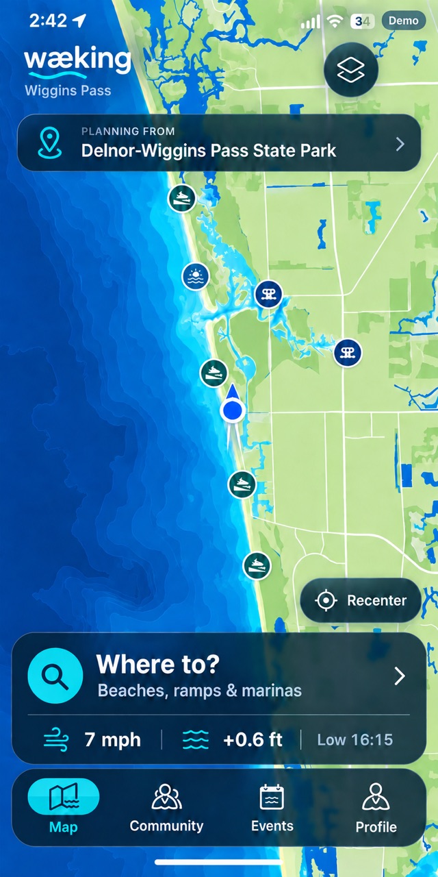 The home screen: a map of Wiggins Pass with ramps, marinas and beaches, and the wind and tide right now.