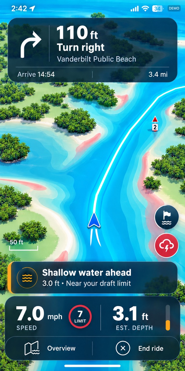 The ride screen: a turn 110 feet ahead, the route drawn down a channel between mangrove islands, and a warning that shallow water is ahead.