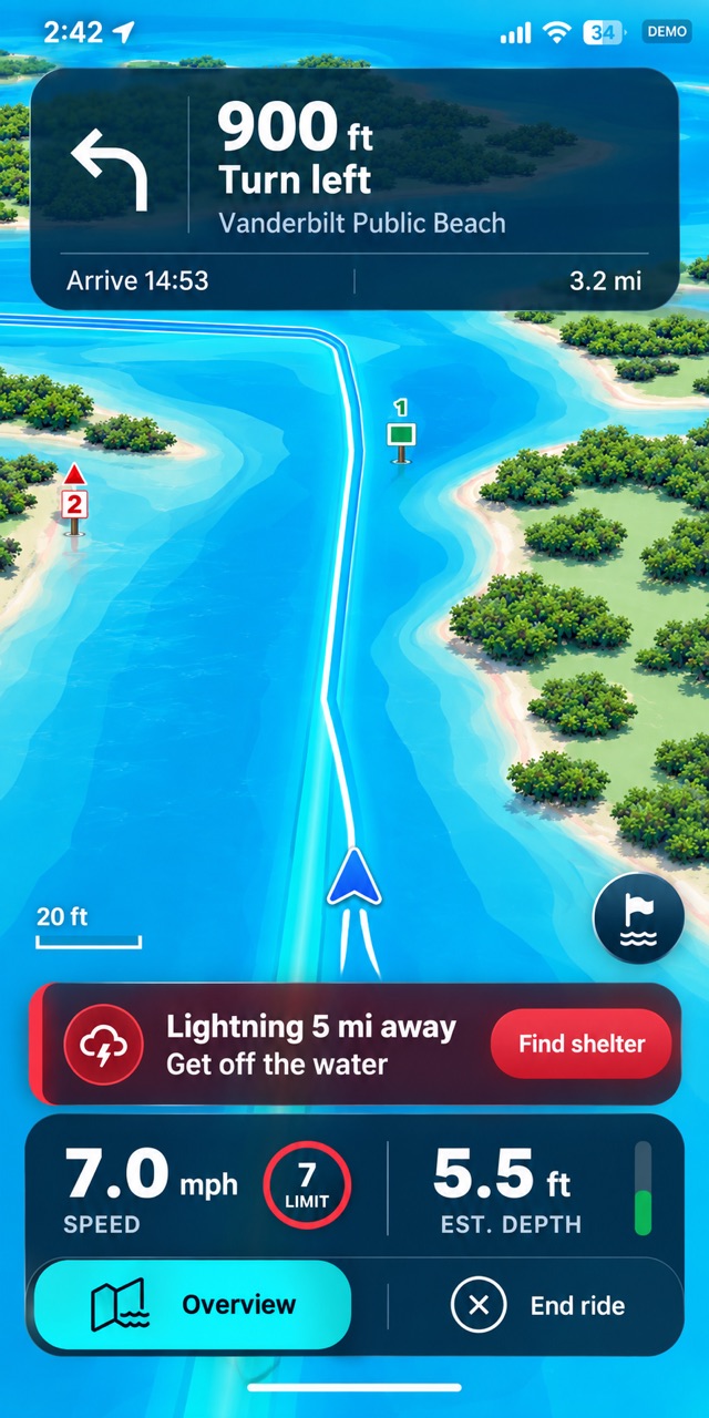 The ride screen with a red alert: lightning 5 miles away, get off the water.
